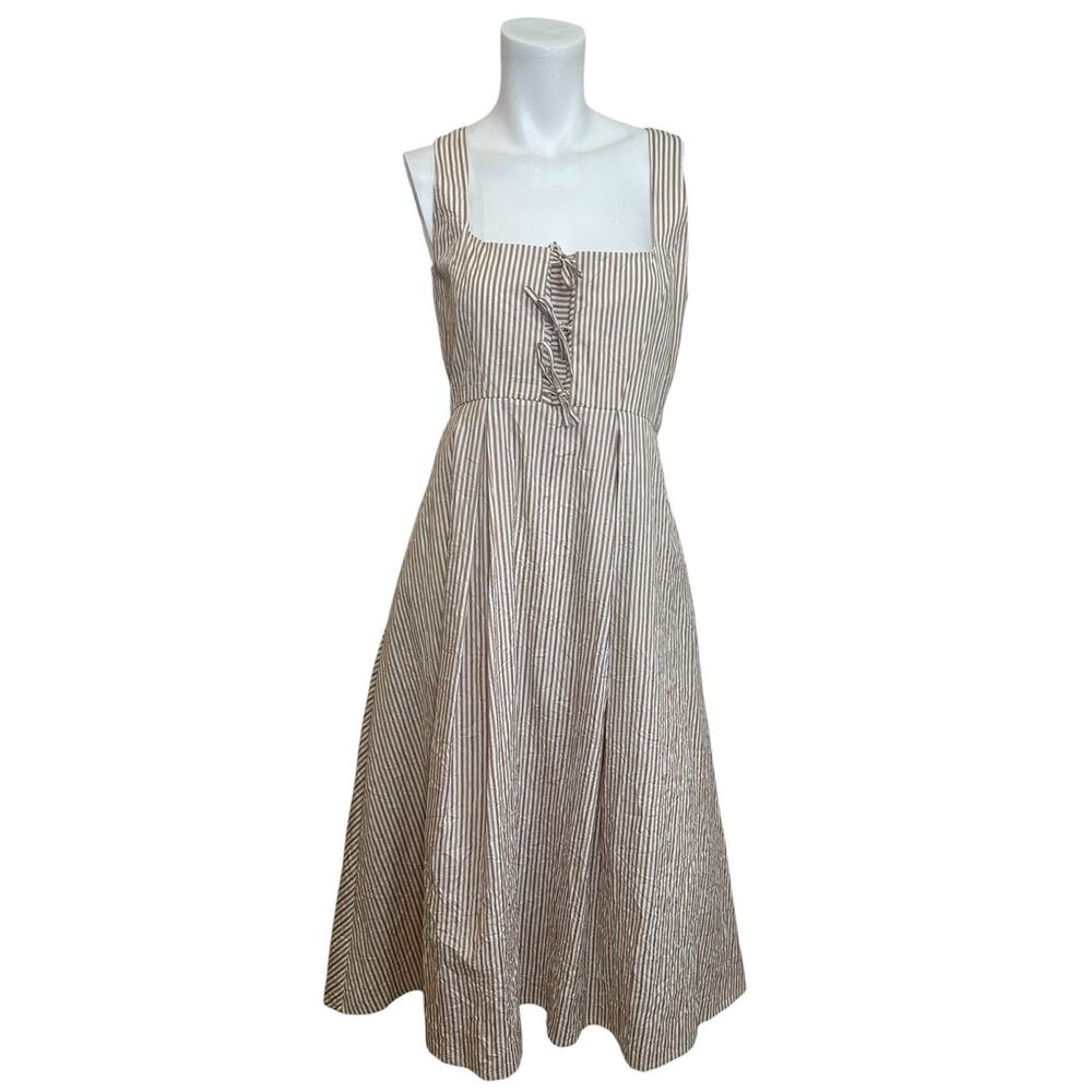 Thierry Colson Winifred Tie Front Midi Dress Cream & Tan Striped Cotton sz M - Picture 2 of 14